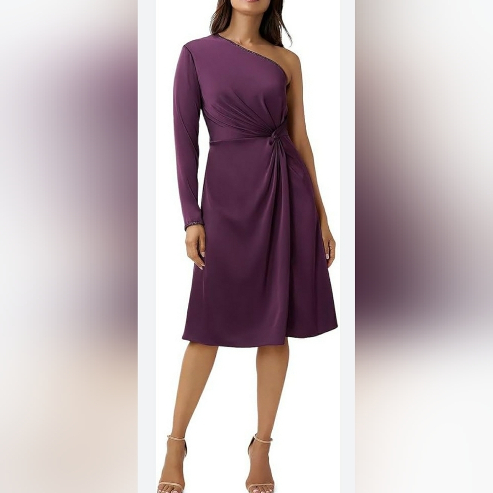 Aidan Mattox NEW Purple One Shoulder Twist Asymmetrical Midi Dress Size 4